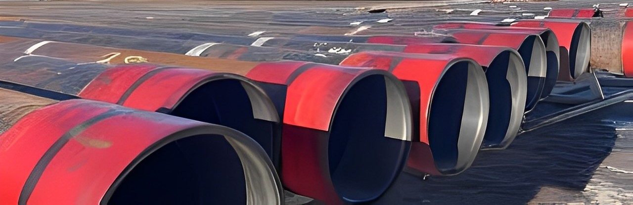 A large picture of several pipes with red caps in a storage field
