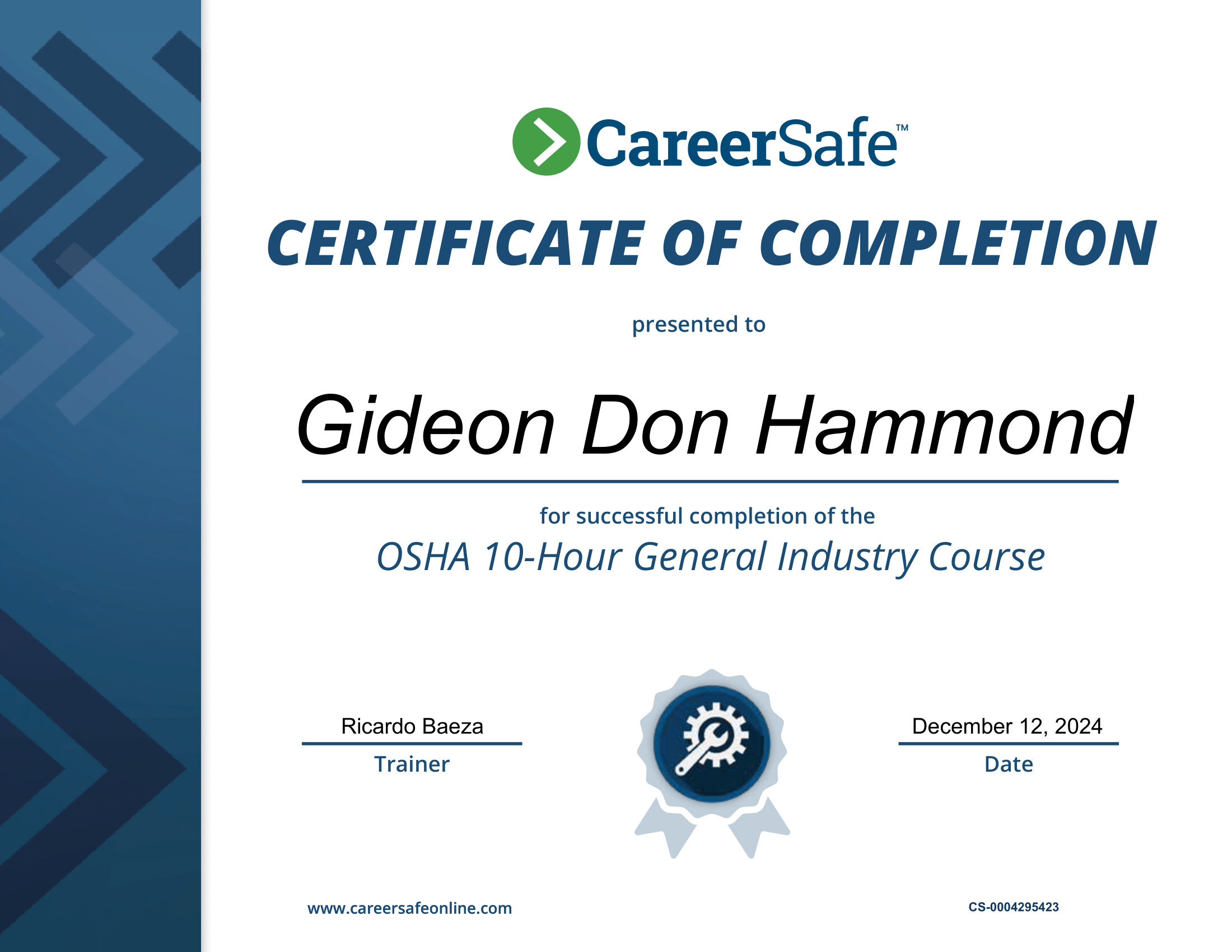 An image of Gideon Hammond's OSHA Certification