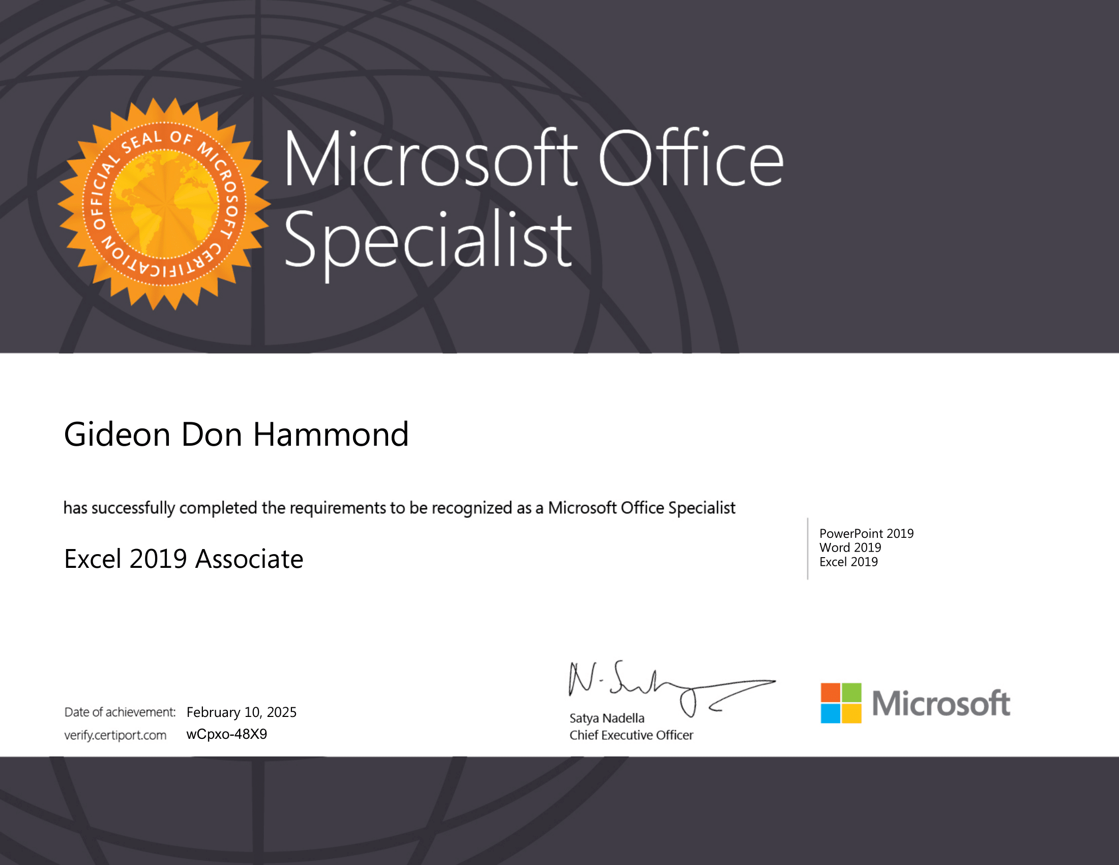 An image of Gideon Hammond's Microsoft Office Associate Certification